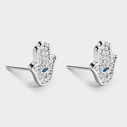 BLUE AND SILVER ZIRCONIA HAND OF FATIMA EARRINGS