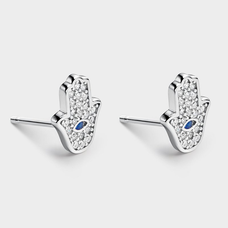 BLUE AND SILVER ZIRCONIA HAND OF FATIMA EARRINGS
