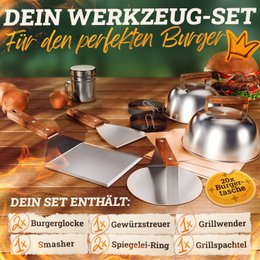 Smash Burger Master set XXL [9-pc.] Stainless steel with acacia wood handles for Plancha, grill plate, gas grille & fire plate