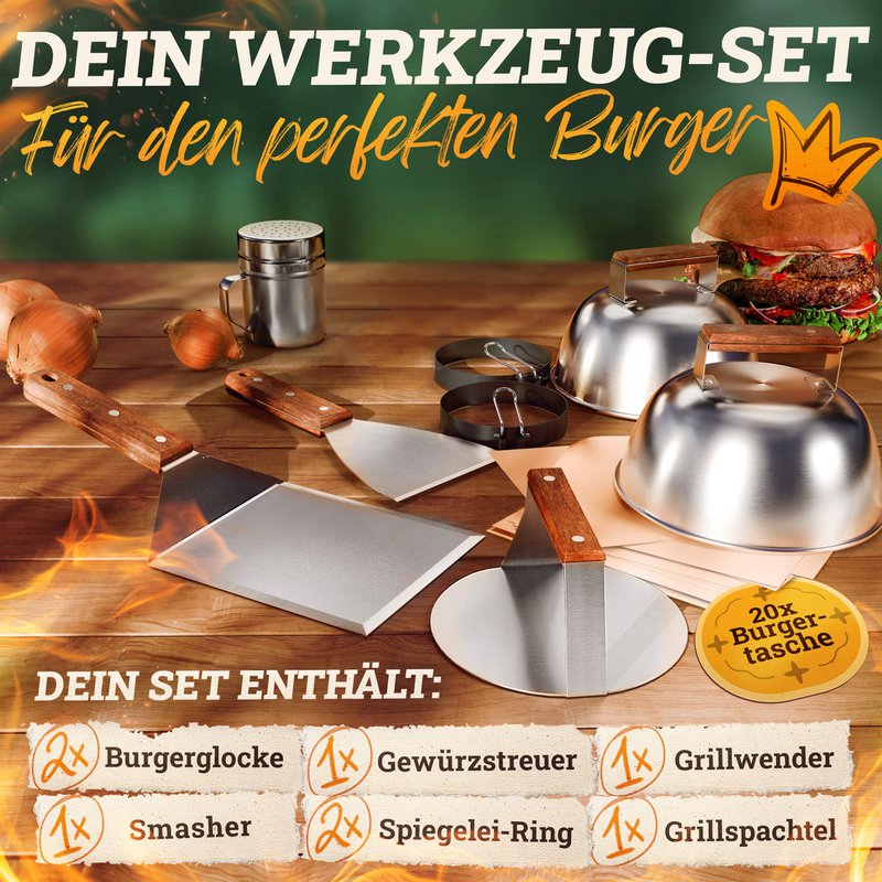 Smash Burger Master set XXL [9-pc.] Stainless steel with acacia wood handles for Plancha, grill plate, gas grille & fire plate