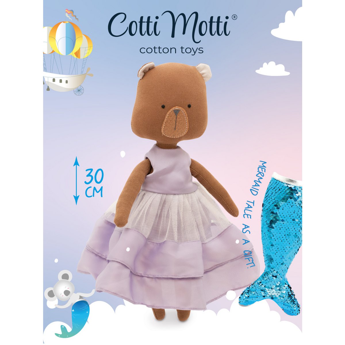 Coton Toy mou, Cotti Motti - Oscar l'ours: Robe violette + conte de sirène bonus (30 cm)