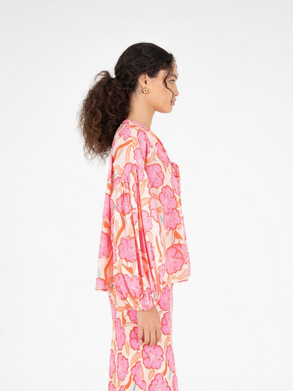Goudsbloem roze bloemenprint blouse