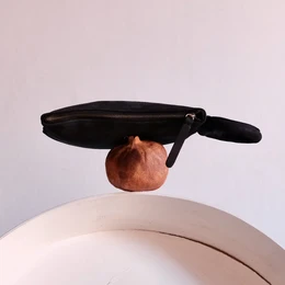 Black Leather Circular Handle Clutch