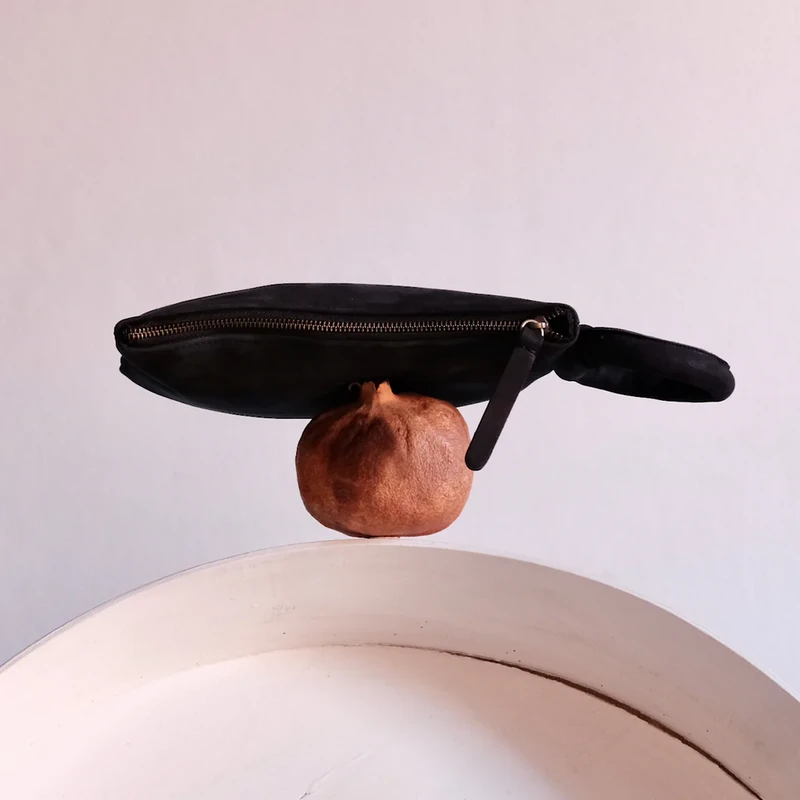 Black Leather Circular Handle Clutch