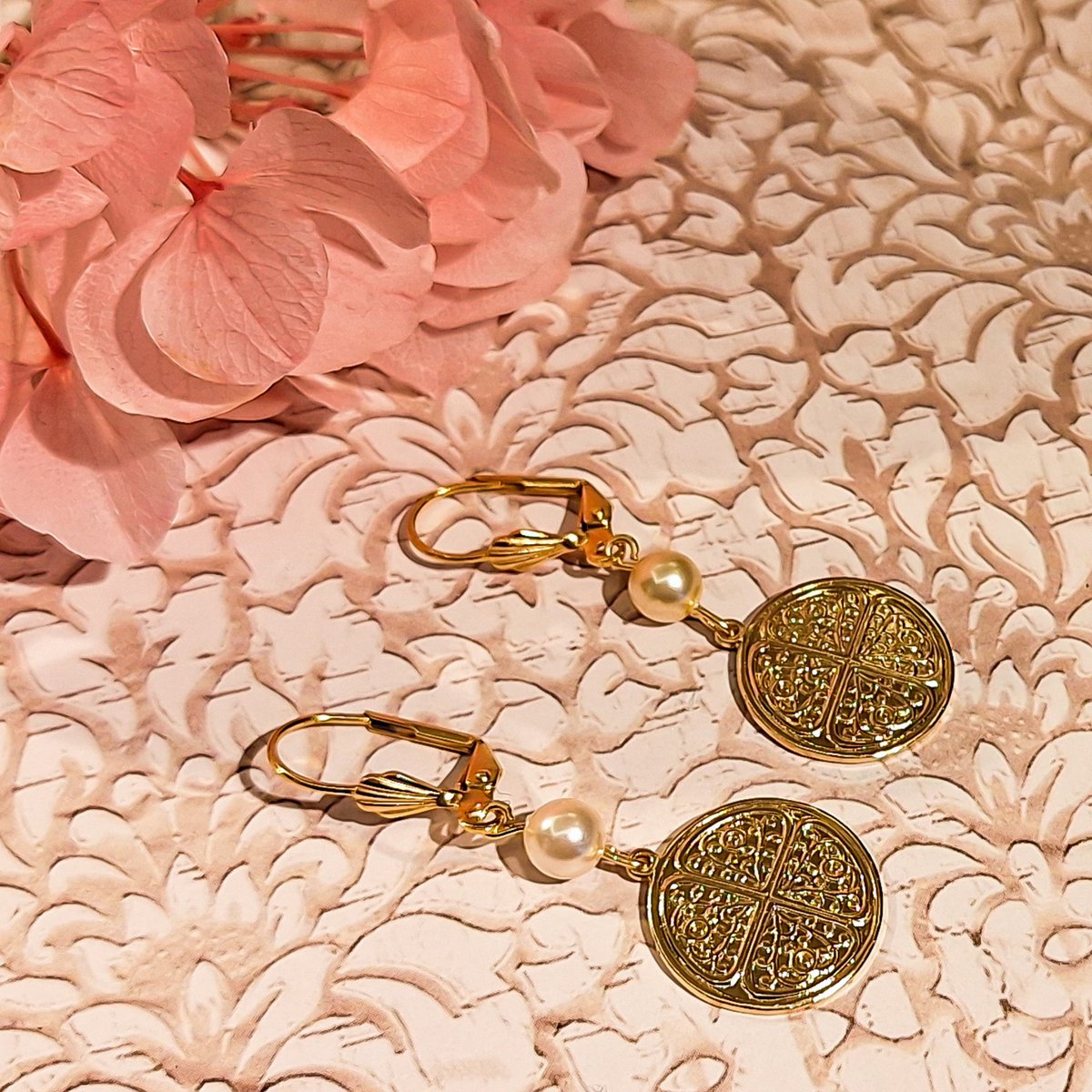 Swarovski pearl curls Tapillon Creoles Palm Flower Palm Flower Golden Brass 24K Mother's Day Gift Mother Gift