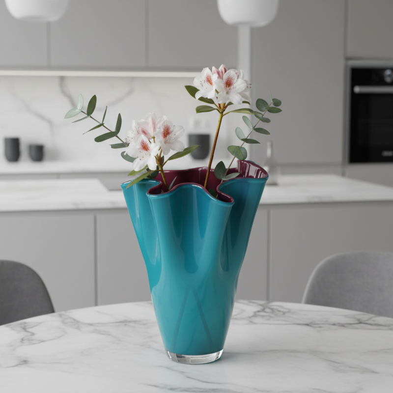 Vase glas bølget tofarvet turkis lilla glas vase bord vase 30 cm