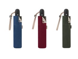 Compact, windproof folding umbrella with color block design, made from recycled fabric, suitable for men.