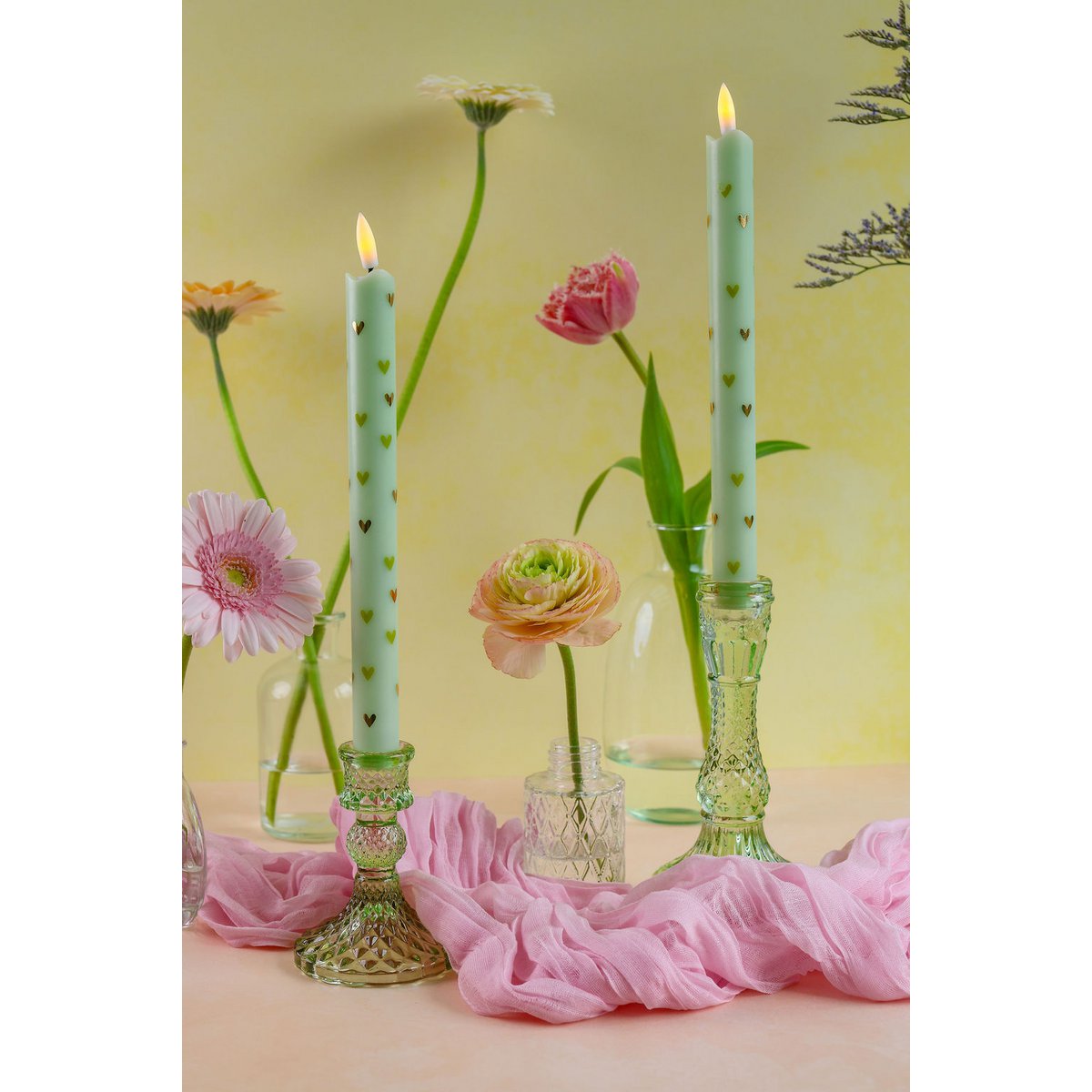 LED Candle Pillar Hearts Green - Set of 2