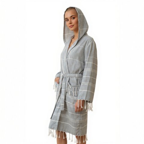 Hooded Bathrobe with Fringes in Cotton - Gray - One Size - Paraguay