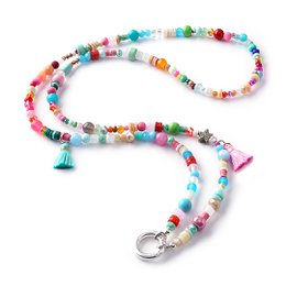 Colorful beaded necklace with multicolor gemstone beads, silver accents, interchangeable design, long chain.