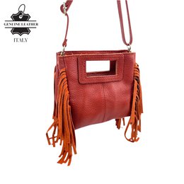 Compact Italian Leather Bag with Decorative Fringes 58026