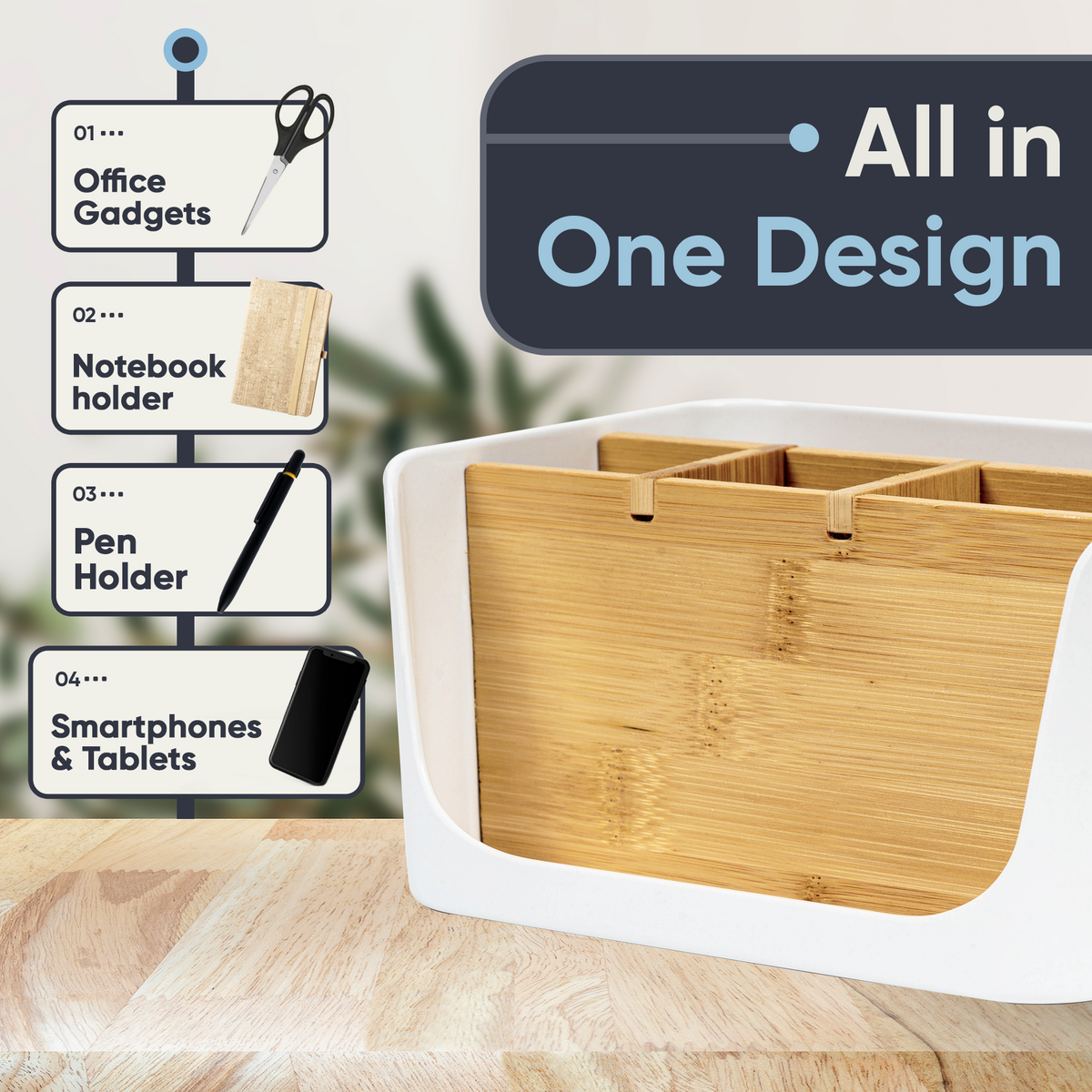 Organizador de escritorio ECO | Organizador de cosméticos de mesa para oficina | Soporte para teléfono móvil y tableta |