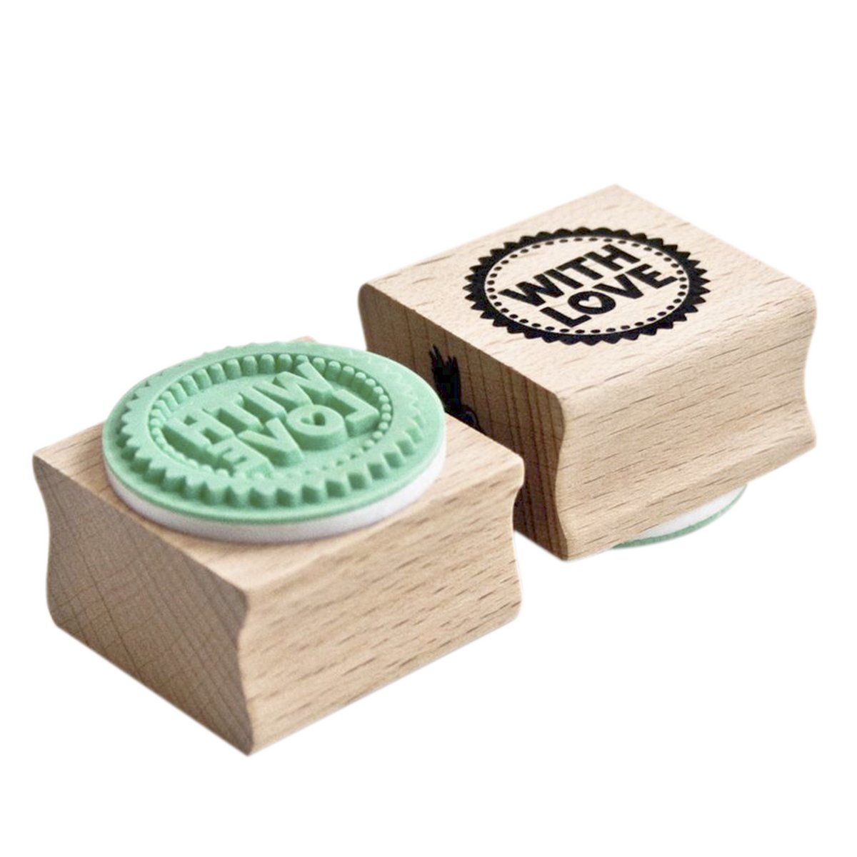 Handcrafted Wooden Stamp - "With Love" - Circular Design - Mint Green
