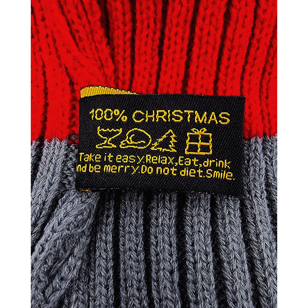 Santa hat - Red/grey striped flat knit fur pompom