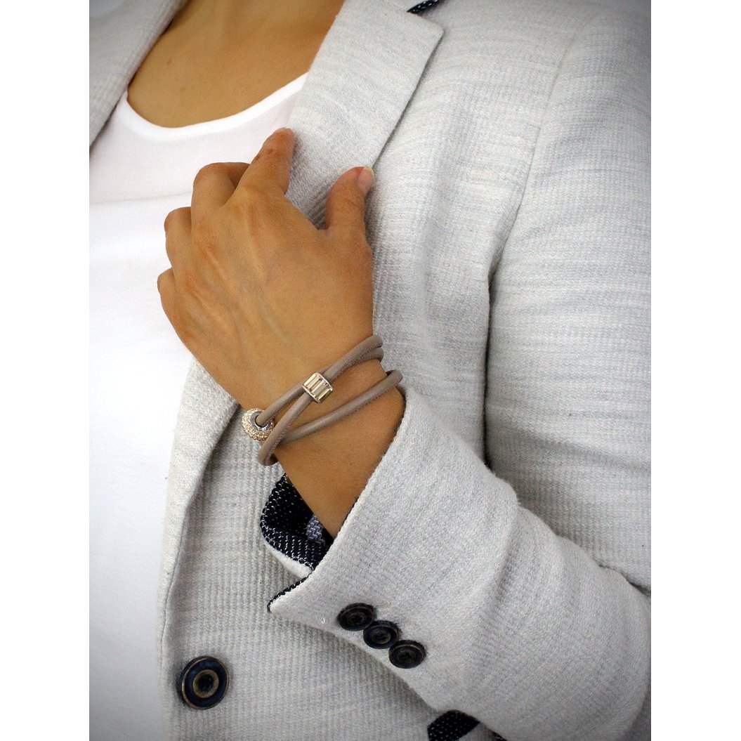 Beige triple wrap leather bracelets with Golden Shadow pavé crystals