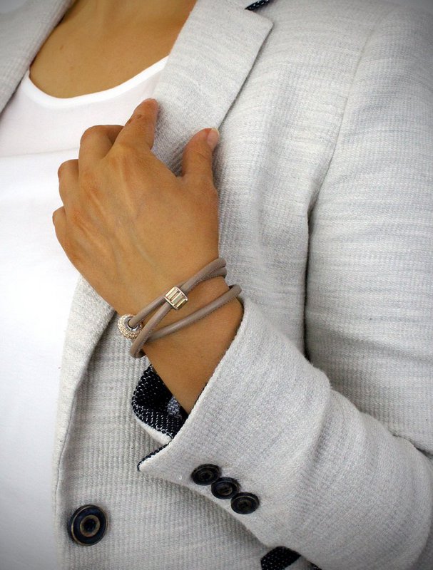 Beige triple wrap leather bracelets with Golden Shadow pavé crystals