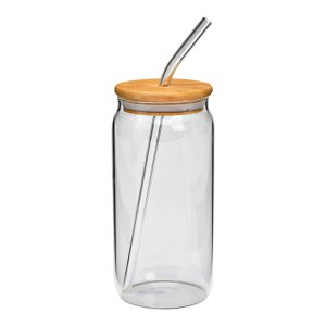 Drinkglas met bamboe deksel en glazen rietje van glas, transparant (B/H/D) 8x16x8cm 590ml