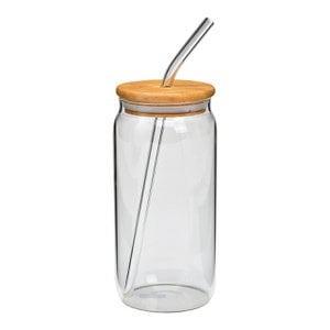 Drinkglas met bamboe deksel en glazen rietje van glas, transparant (B/H/D) 8x16x8cm 590ml