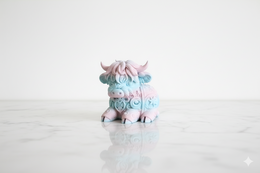 Whimsical steampunk-inspired figurine of a highland cow with intricate details and pastel colors.