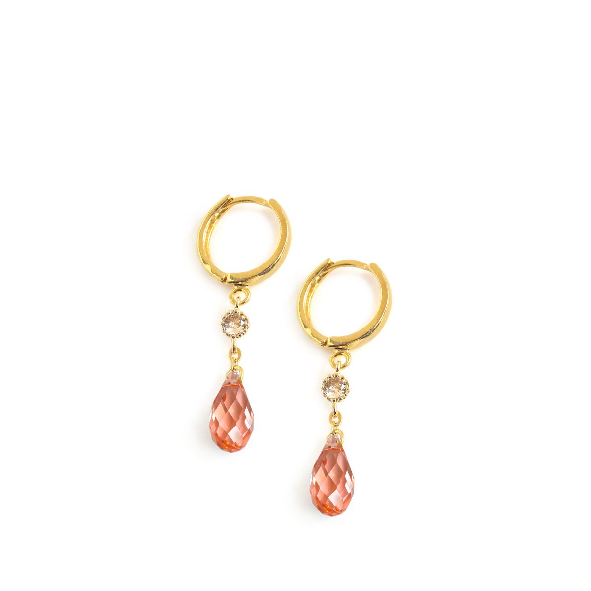 Créoles plaquées or 18 carats avec gouttes de cristal Rose Peach