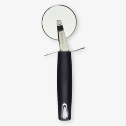  Black pizza cutter with stainless steel blade and ergonomic handle.