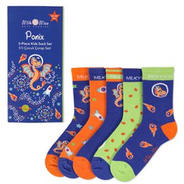  Colorful kids socks set with unicorn, stars, and space theme. Blue, orange, green stripes. Comfortable cotton blend.