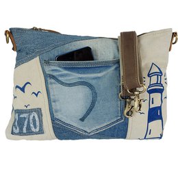 Sunsa dames schoudertas. Schoudertas gemaakt van upcycled jeans en canvas. Vintage handtas in retrostijl. Crossbodytas voor dames.