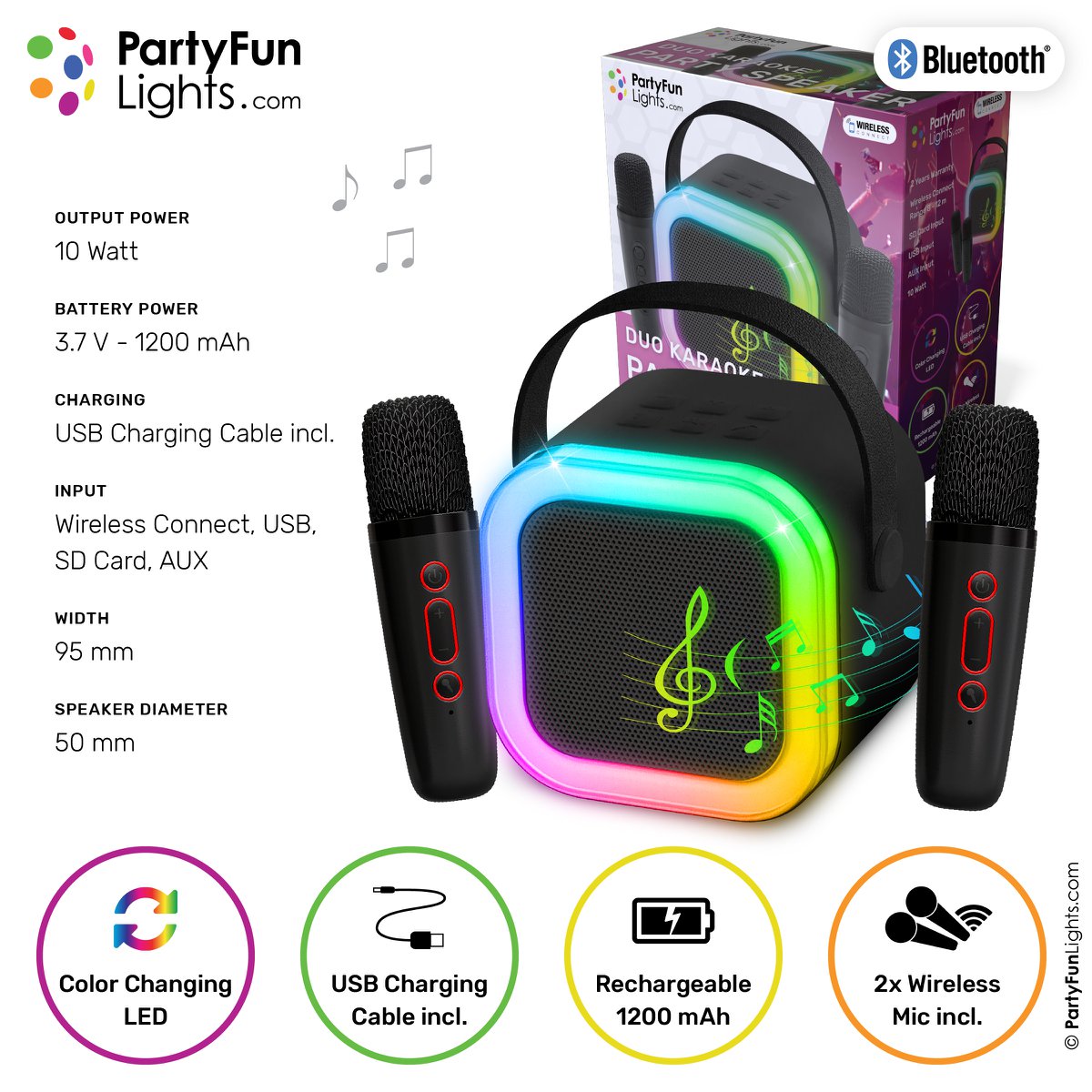 Mini duet Karaoke Set Party - z dwoma mikrofonami czarnymi - Odkryj oświetlenie - bezprzewodowe - dla dorosłych i dzieci