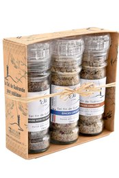 Box of 3 mills - Fine salt of Guérande IGP (Creole, Madagascar black pepper, grilled spices) | Salt craftsmen