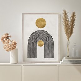Vægmaleri geometrisk guldbillede med ramme trælook 60x90 cm