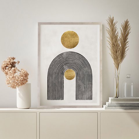 Mural geometric gold picture with frame wood look 60x90 cm