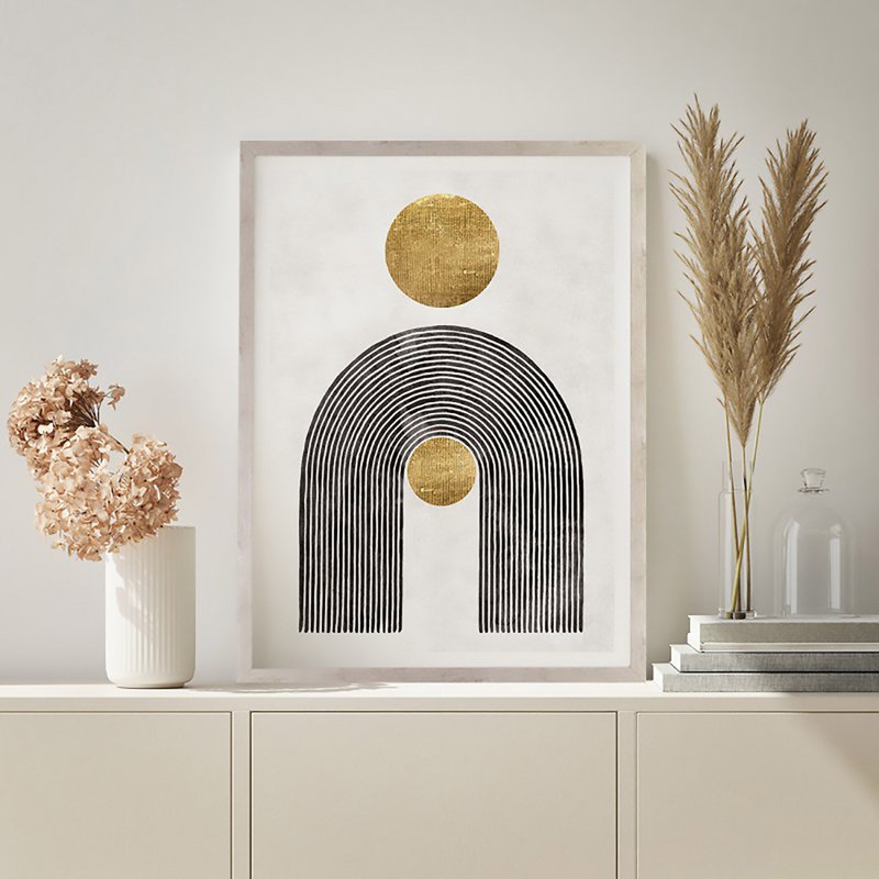 Vægmaleri geometrisk guldbillede med ramme trælook 60x90 cm