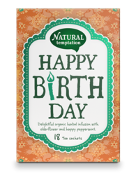 A green and white birthday-themed tea box with the text "Happy Birthday" prominently displayed.