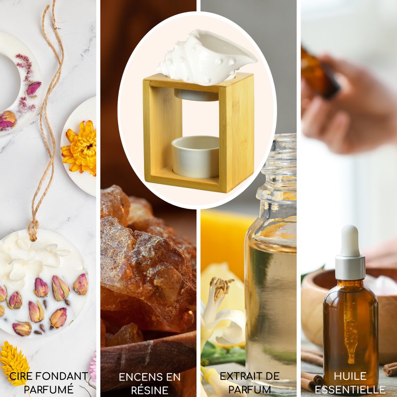 Parfumebrænder Naturea-serien - Skal - i bambus og keramik - Originalt og dekorativt design - Aromaterapi lysestage - Spredning af æteriske olier, voks, duftfondanter