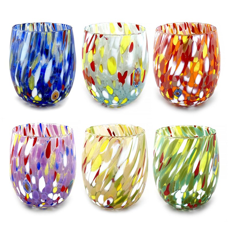 6 Big Colombina vand Big Colombine Bold og håndhåndet med Murrine di Murano, "I Colori di Murano" 435 Ml Line. Lavet i Italien