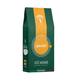 250g bag of Special coffee beans, featuring a green and orange color scheme and a coffee cup icon.