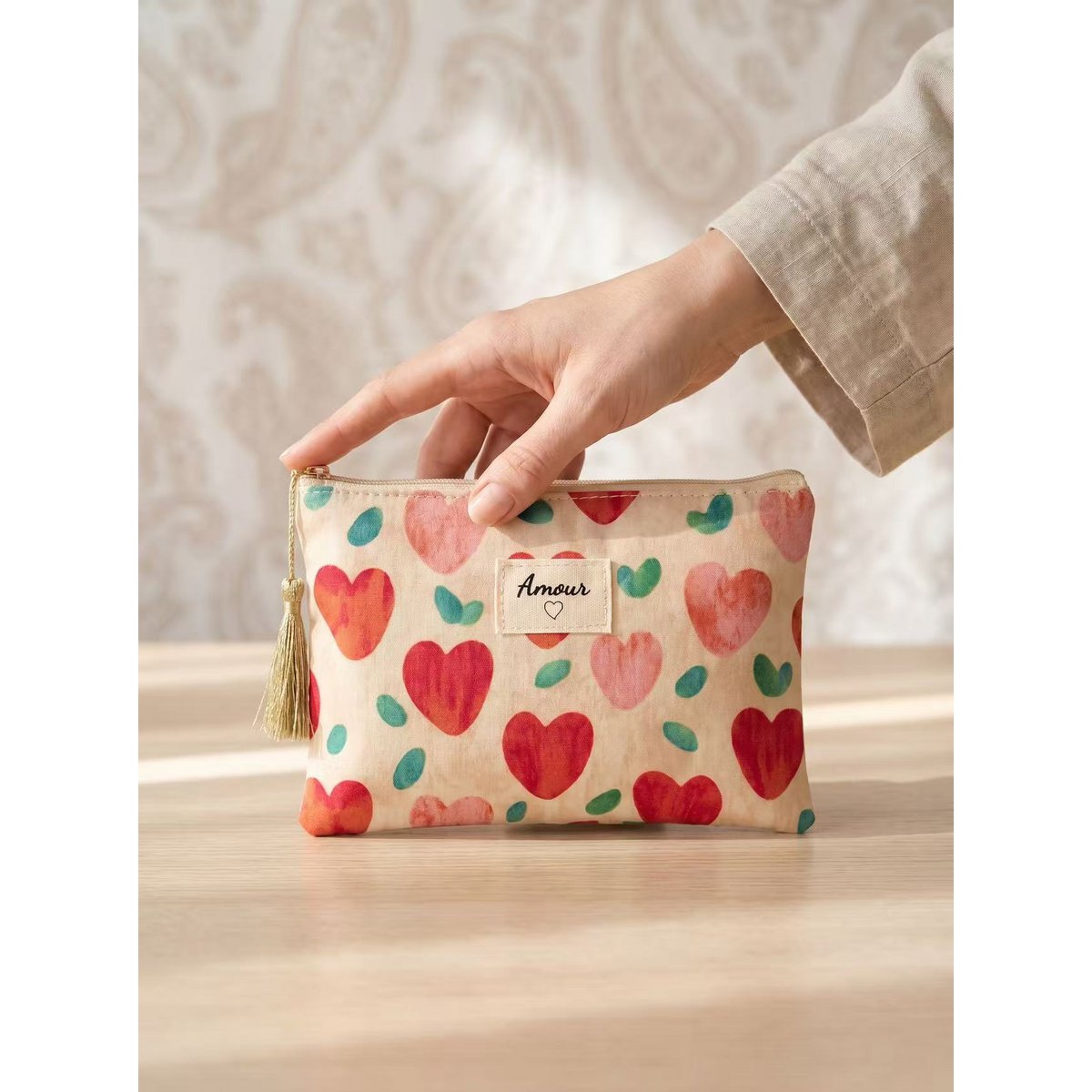 Toilettas etui 14x20 cm bedrukte harten Love gift pompon