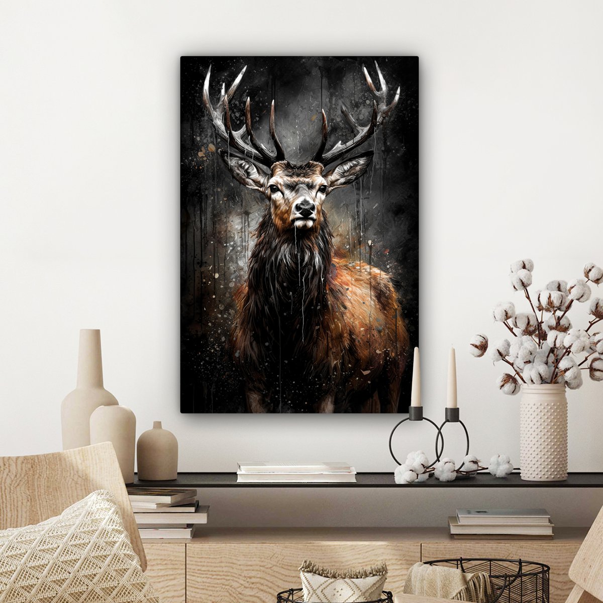 Leinwand Malerei - Wanddekoration Hert - Schwarz - Tier - Hirschbett - Wanddekoration Wohnzimmer - Schlafzimmer Dekoration - Raumzubehör - Leinwand Gemälde