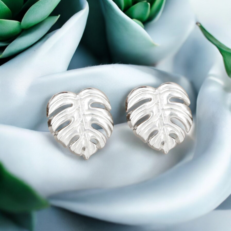 Monstera Leaves Stud Earrings - 925 Sterling Silver - Exotic Leaves Jewelry - EAR925-45