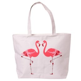 Pink flamingo pair design, reusable cotton tote bag with zip closure, shoulder bag.