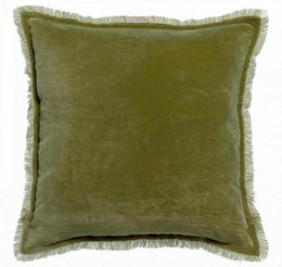 Olive green square cushion with fringed edges, measuring 45 x 45 cm, suitable for living room or bedroom decor.