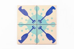 Self-adhesive mural with 4 tiles featuring a repeating pattern of blue beaters or whisks against a light background with scattered dots.