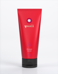 A red tube-shaped body scrub with the brand name "Youall" printed on it. The product is designed for showering and exfoliating the skin, likely containing moringa as an ingredient.