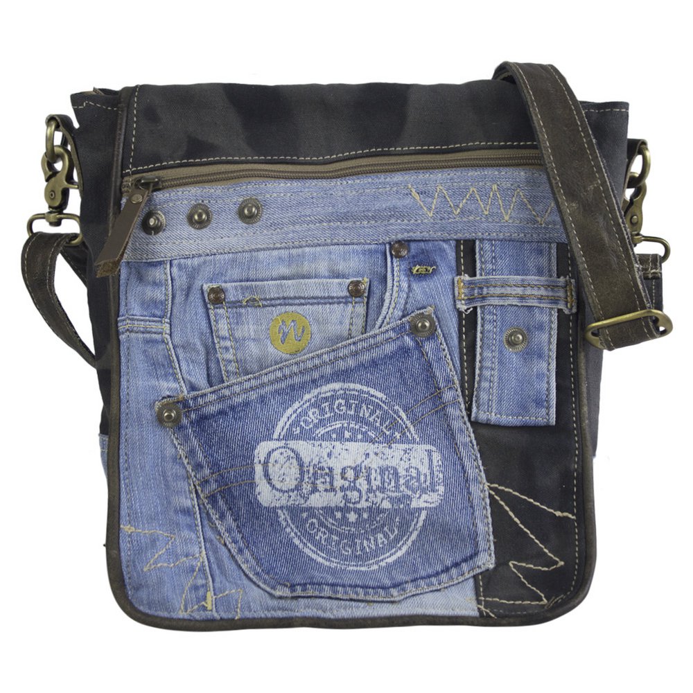 Sac messager Sunsa pour femme. Sac à main fabriqué à partir de jeans et de toile upcyclés. Sac bandoulière forme messager. Sac bandoulière de style vintage. Grand sac bandoulière pour femme.