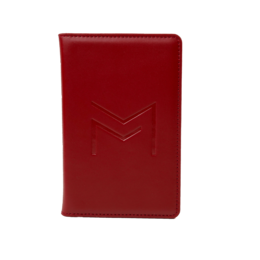 Compact red leather card holder with embossed logo design.