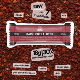 Dark Chili Kick Premium Raw Gluten Free Protein Bar, 60g, with peanut butter, pea protein crisps, and chili for a spicy kick.