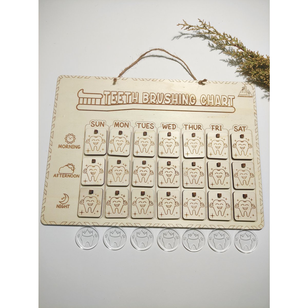 Houten tanden poetsbeurt, houten tandenborstel tracker, wekelijkse routine checklist