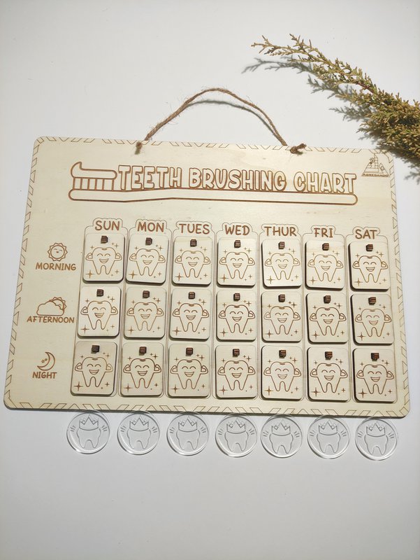 Houten tanden poetsbeurt, houten tandenborstel tracker, wekelijkse routine checklist