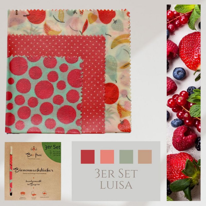 Lot de 3 chiffons en cire d'abeille biologique « Luisa » - fabriqués à la main en Allemagne