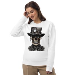 Unisex organic sweater in French navy, black, canyon pink, and white colors. Features a skull wearing a top hat graphic design.